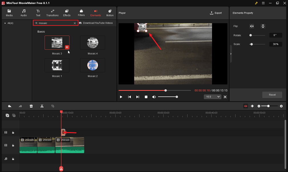 Add mosaic to the target clip in MiniTool MovieMaker