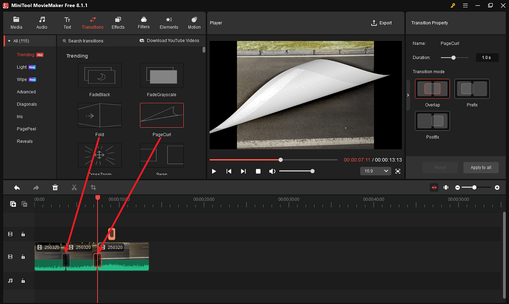 Add transitions between scenes in MiniTool MovieMaker