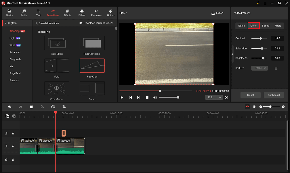 Modify the color of the target clip in MiniTool MovieMaker