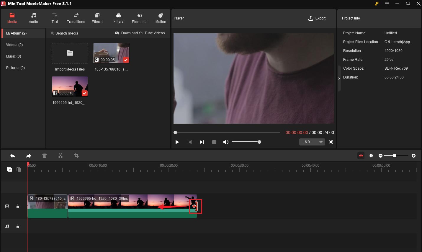 Trim video to remove unwanted parts in MiniTool MovieMaker