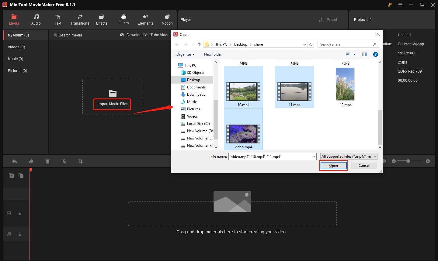 Import videos to the media library in MiniTool MovieMaker