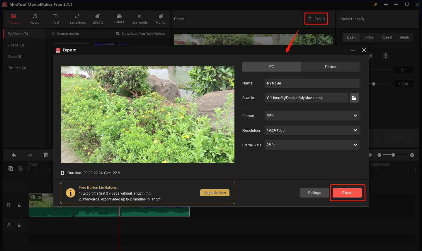 Export video from MiniTool MovieMaker