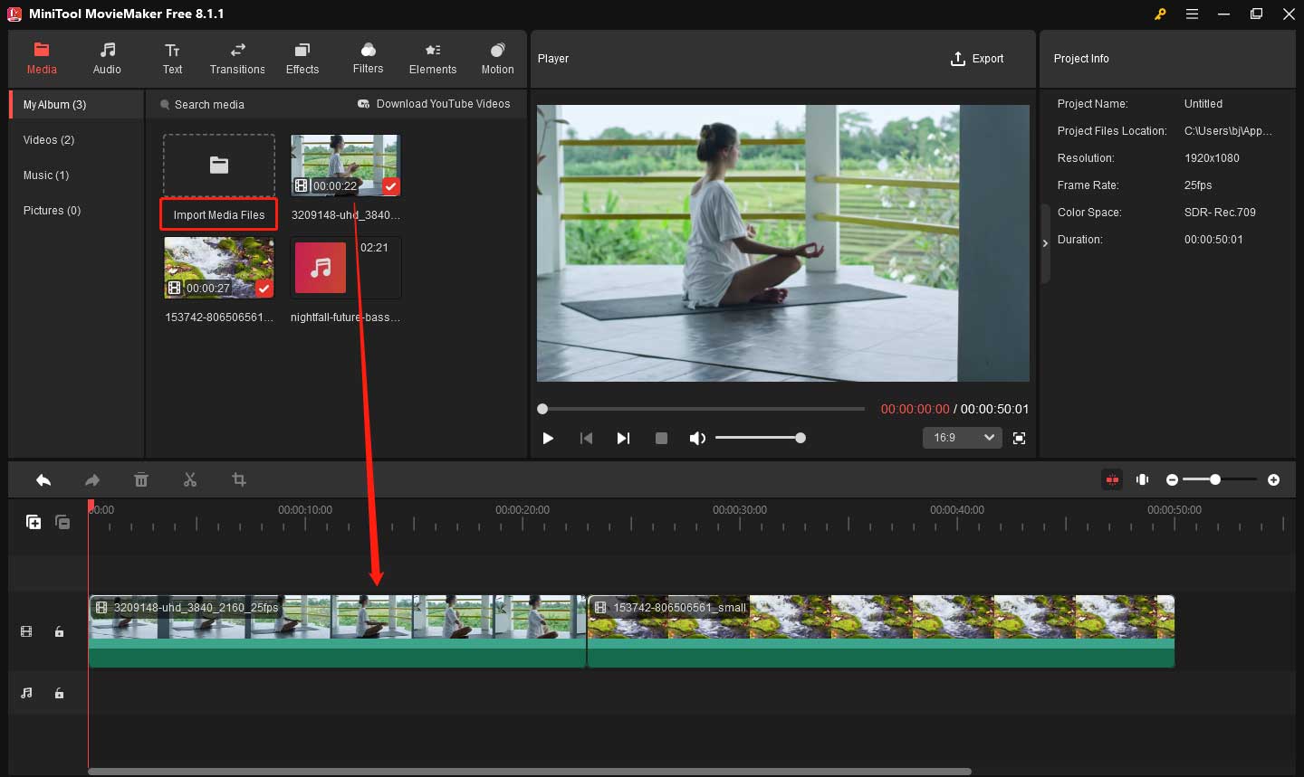 Import videos to the media library and add them to the timeline in MiniTool MovieMaker