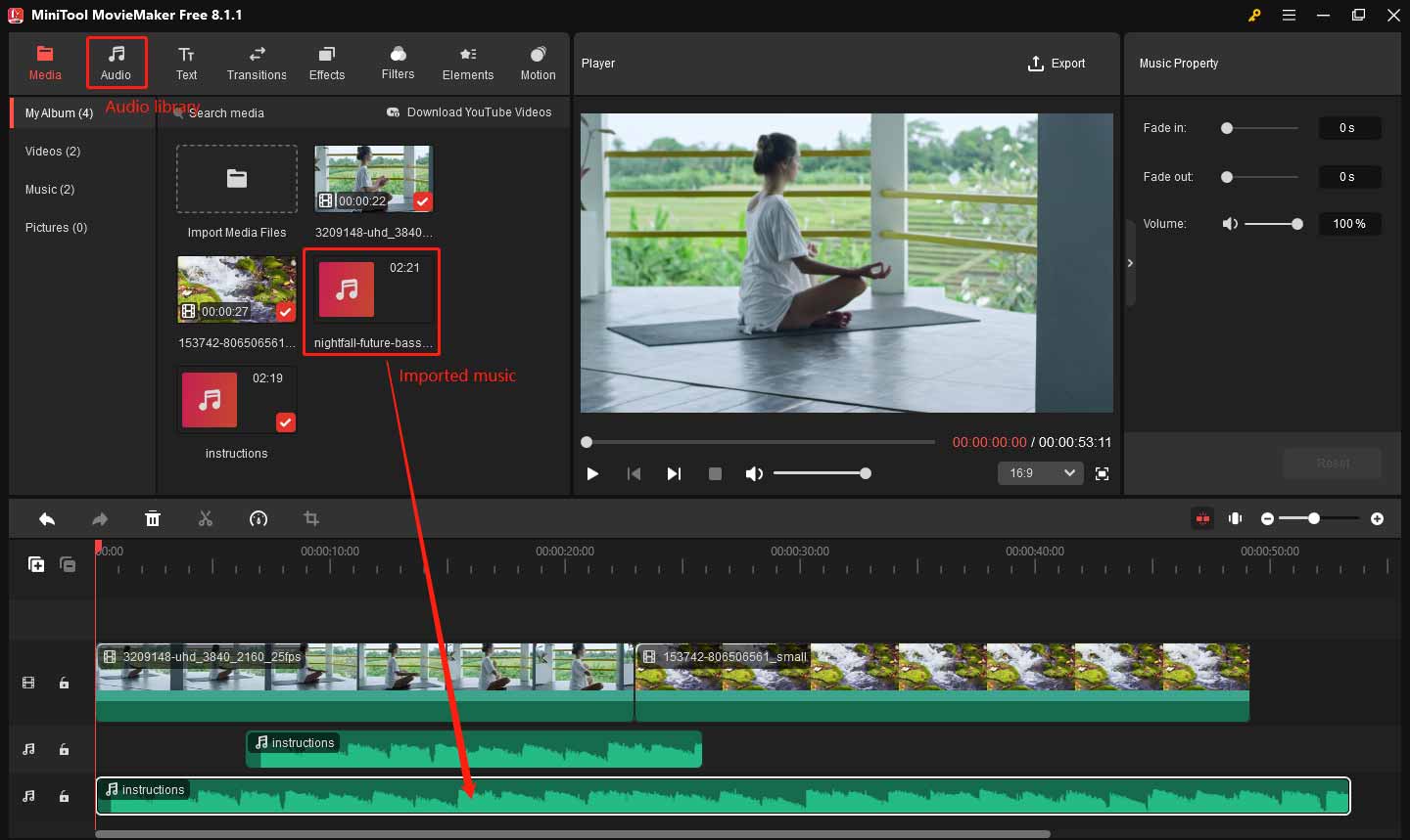 Add background music to the timeline in MiniTool MovieMaker