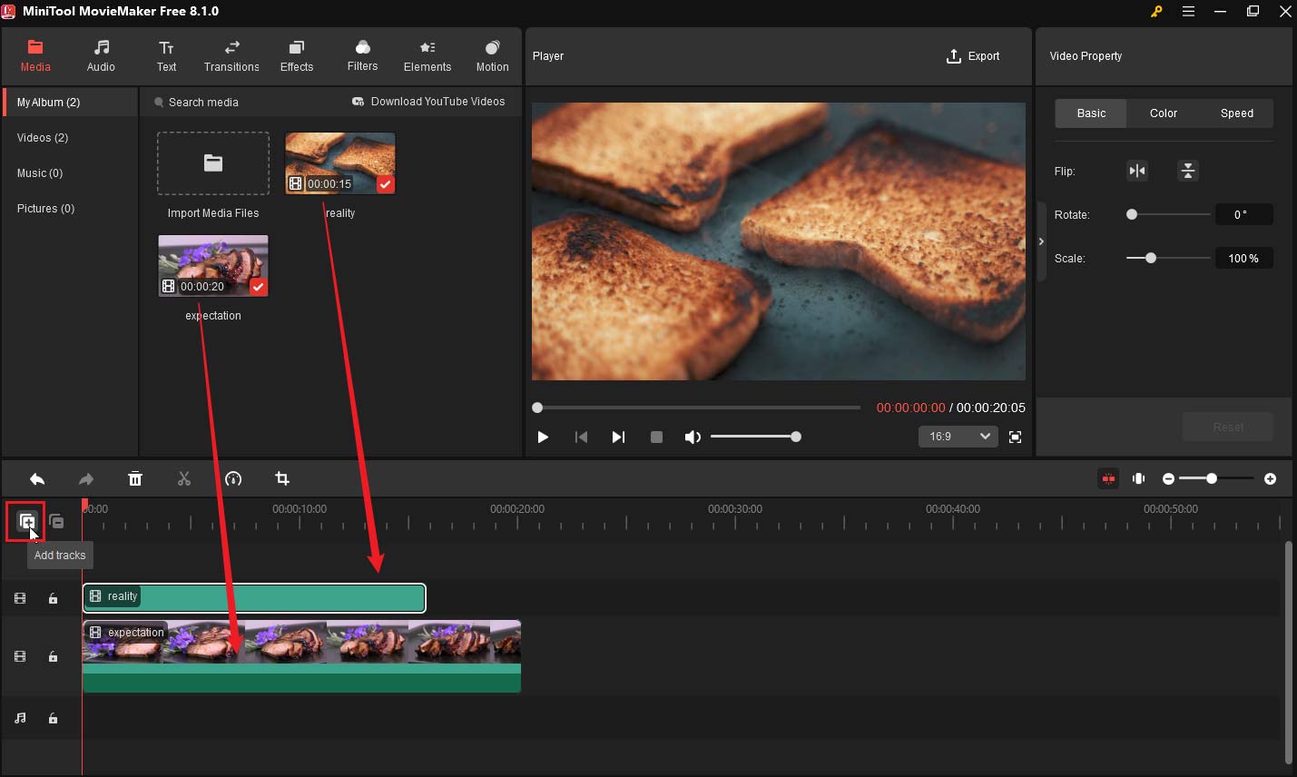 Drag the two video clips onto the different video tracks in MiniTool MovieMaker