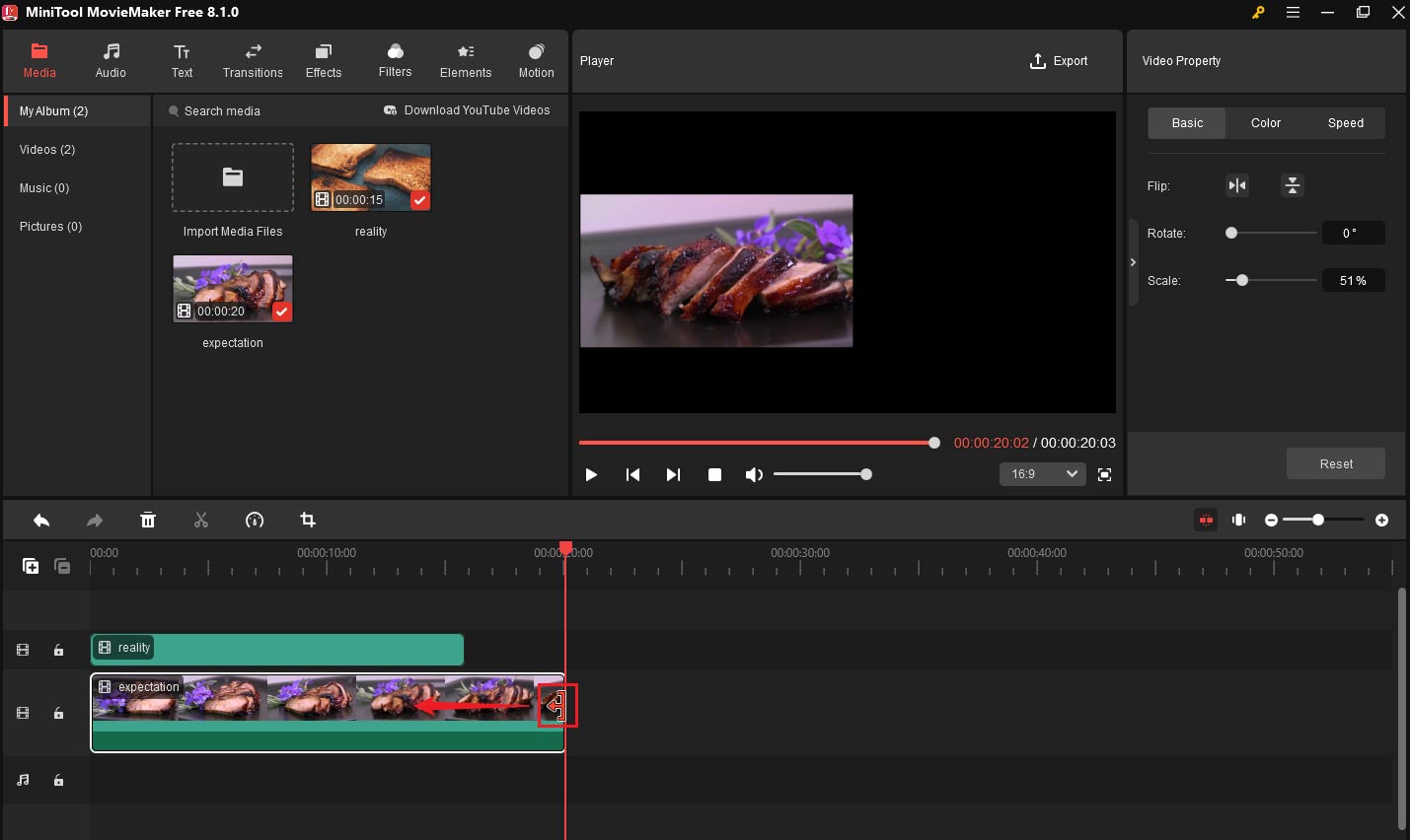 Trim the longer clip to align the two clips in MiniTool MovieMaker