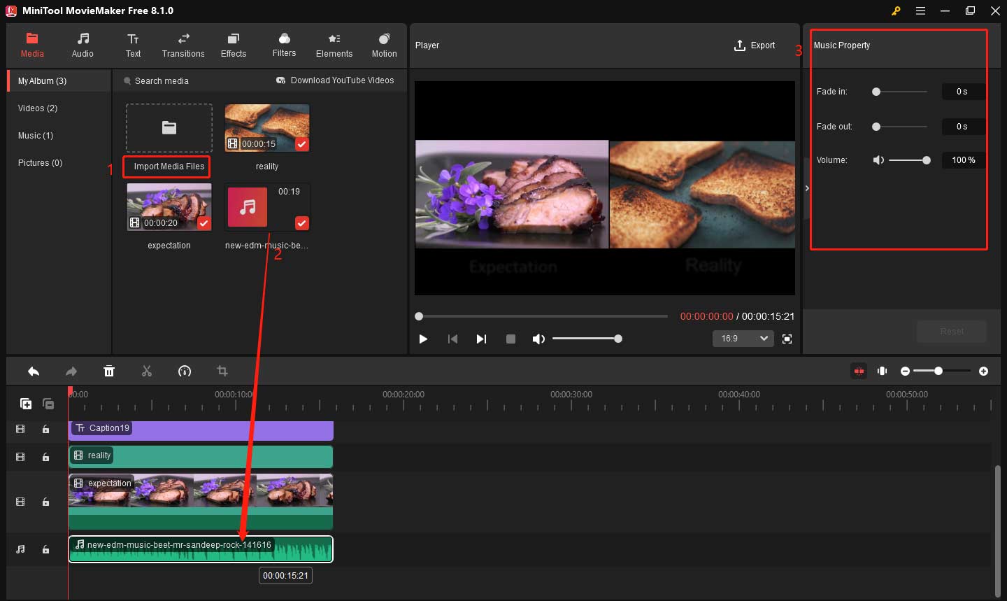 Add background music and adjust the music’s property in MiniTool MovieMaker