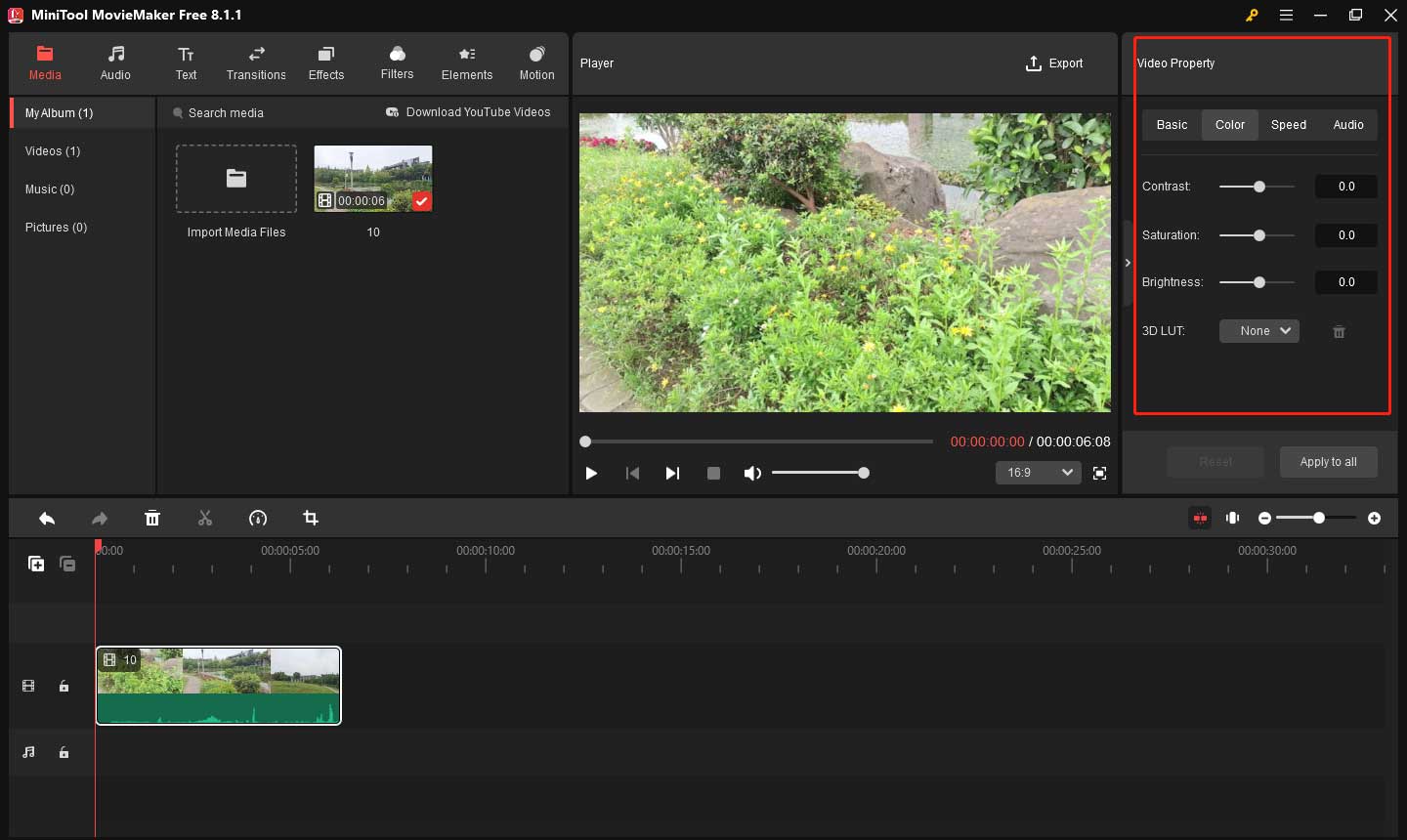 Adjust the color of the video clip to enhance the video in MiniTool MovieMaker