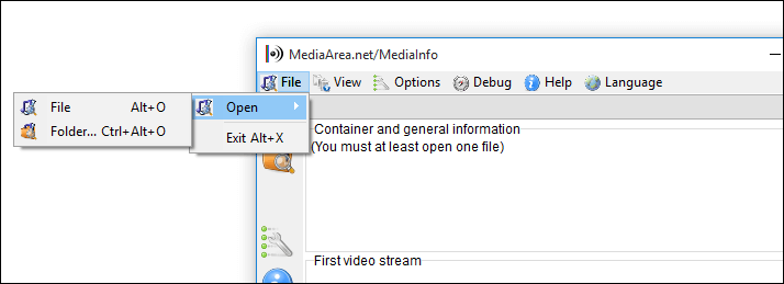 choose file, open, and file button in the main window of MediaInfo