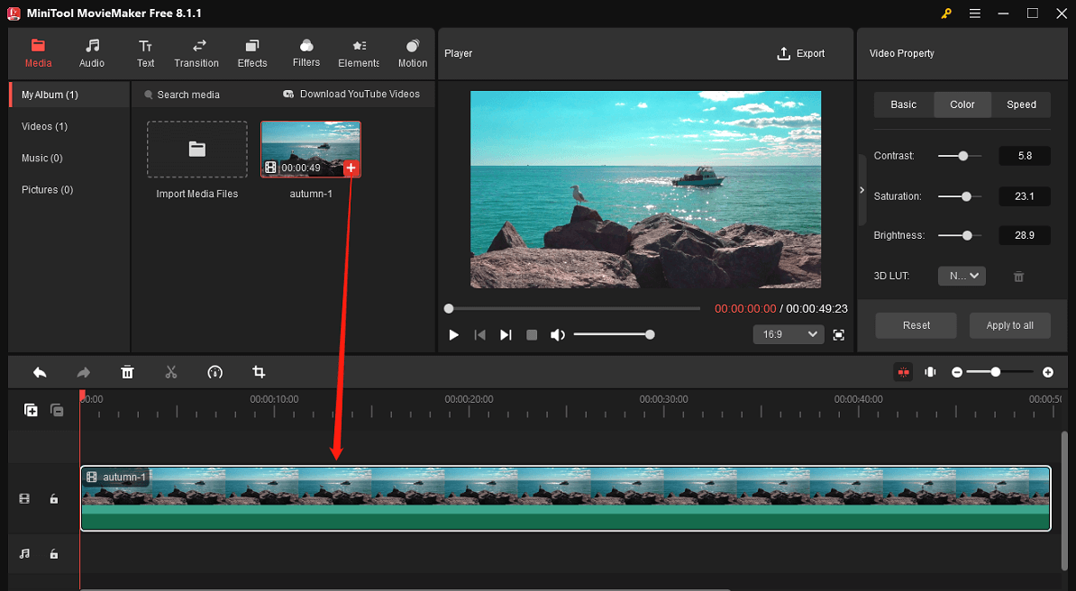 MP4 ファイルをMiniTool MovieMakerで開いてタイムラインに追加