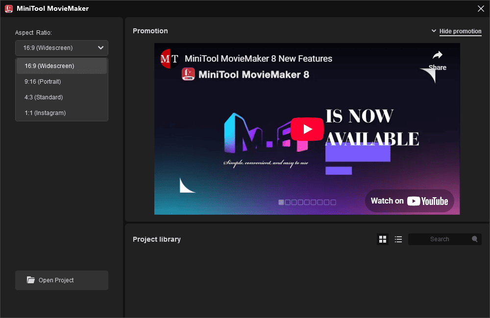 Choisissez un rapport hauteur/largeur avant d'accéder à l'interface utilisateur principale de MiniTool MovieMaker