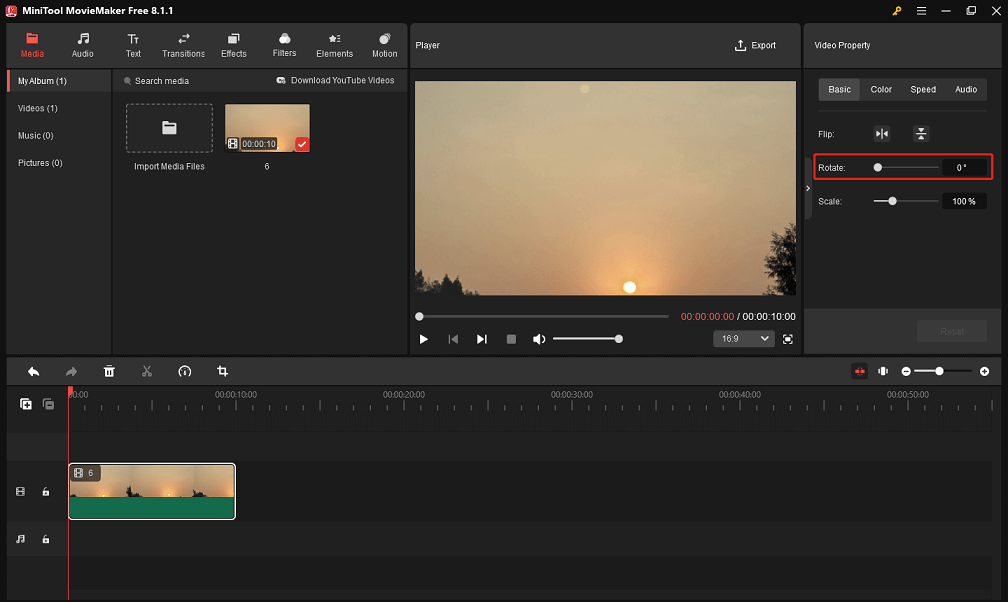 Arrastre el control deslizante Rotar en MiniTool MovieMaker