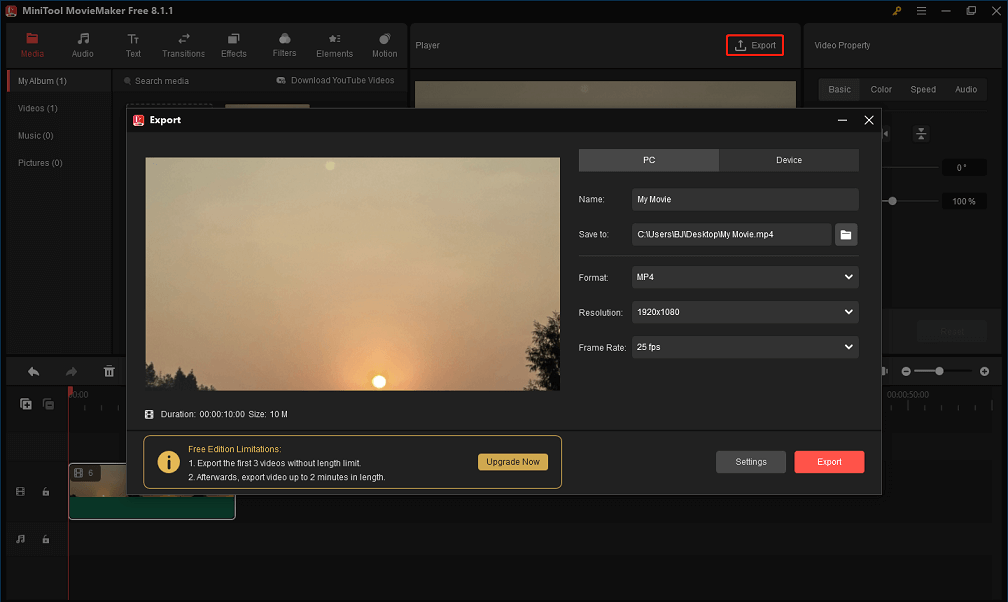 Exportar el vídeo GoPro terminado desde MiniTool MovieMaker