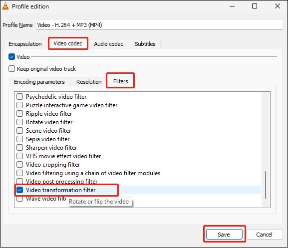 Elija el filtro de transformación de vídeo en VLC Media Player