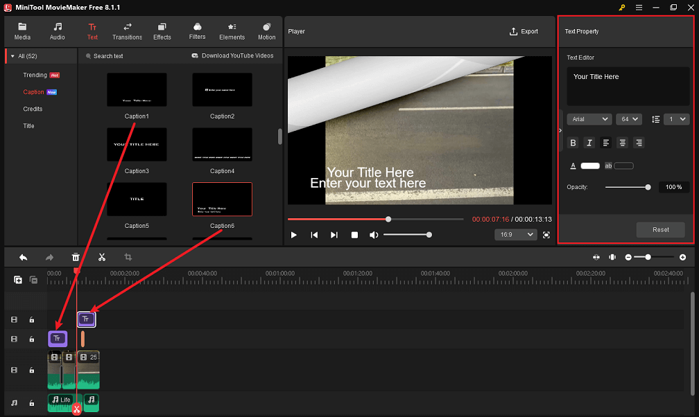 MiniTool MovieMakerでダッシュカム動画にテキストを追加