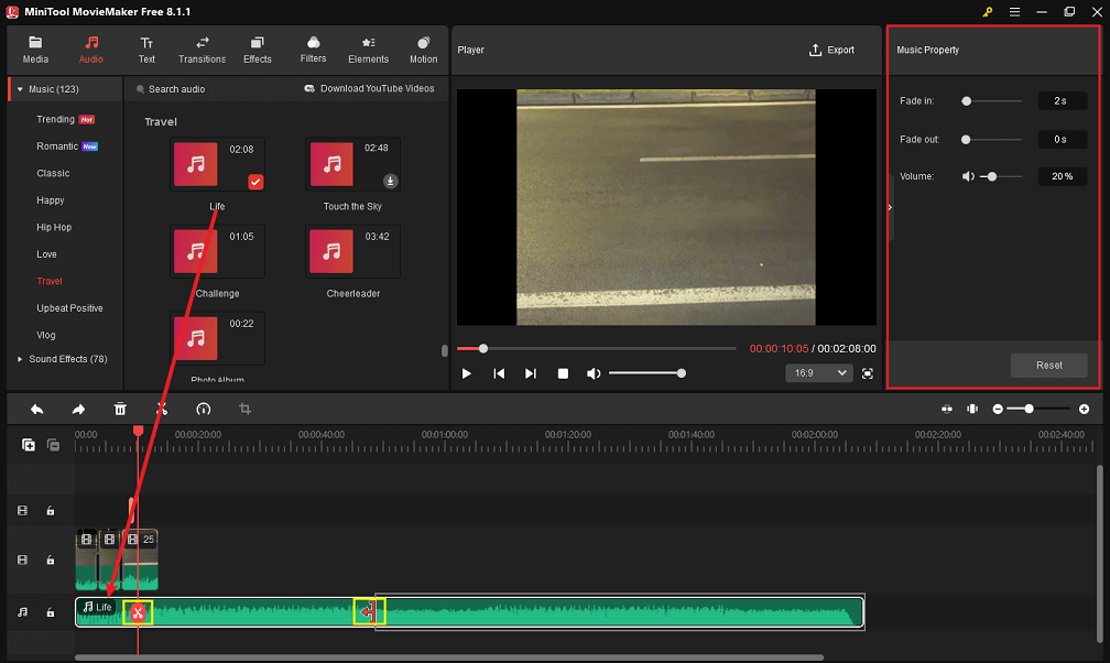 MiniTool MovieMakerでダッシュカム動画に音楽や効果音を追加