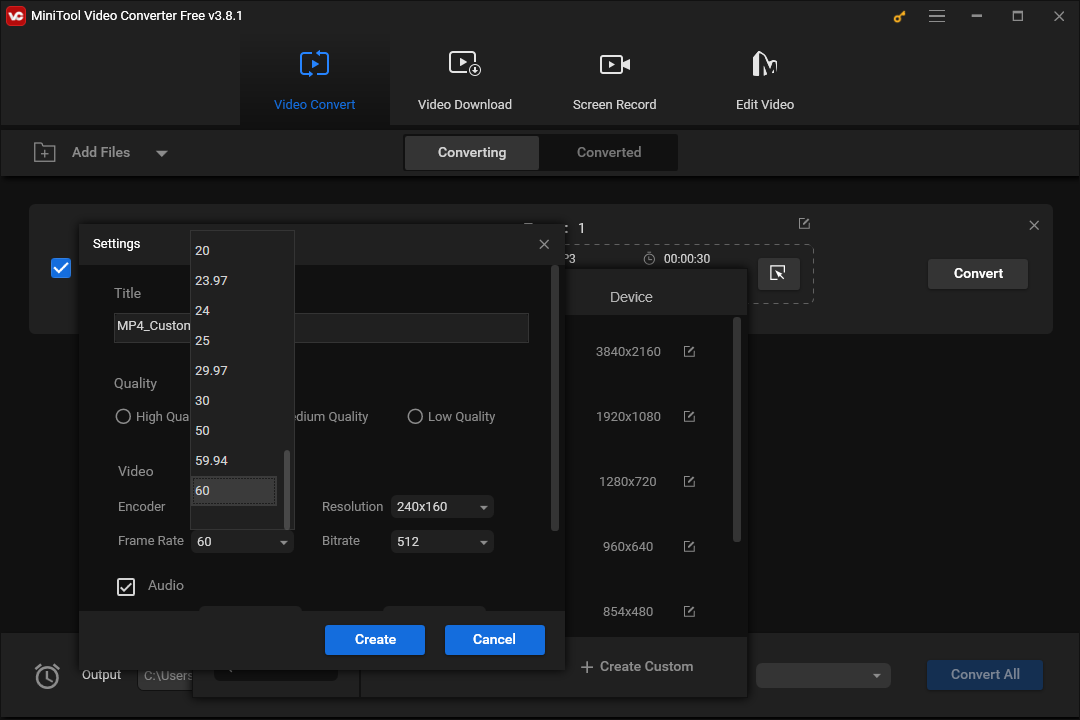 crie um formato personalizado no MiniTool Video Converter