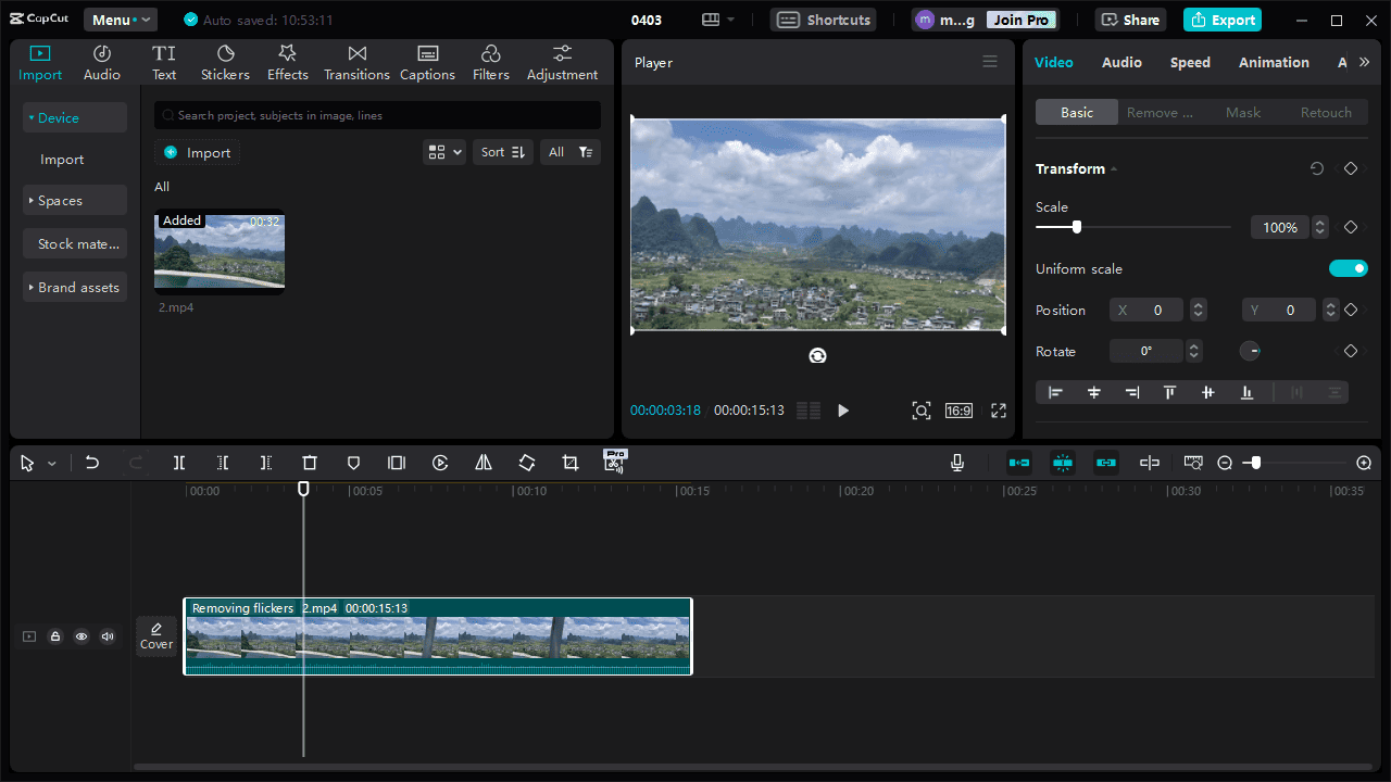 The editing page of CapCut desktop video editor