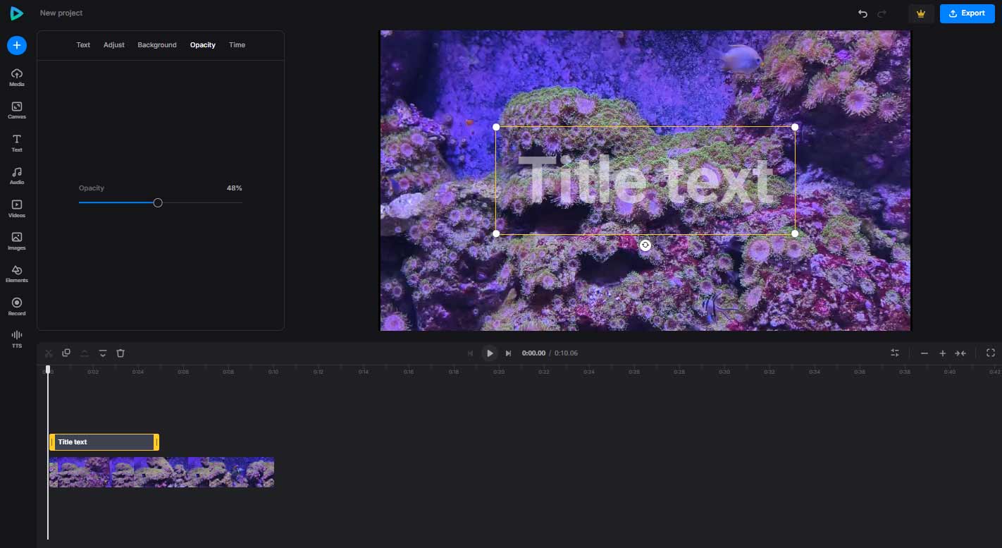 Drag the Opacity slider to the left to make the text more transparent in Clideo
