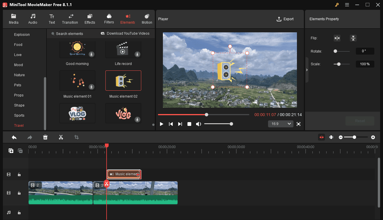 Add an element to the video in MiniTool MovieMaker