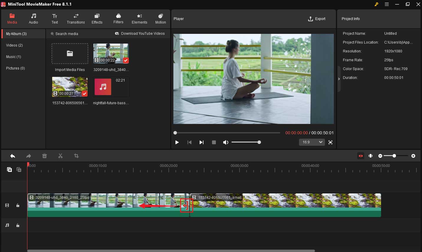 MiniTool MovieMakerでクリップをドラッグして適切な順番に並べる