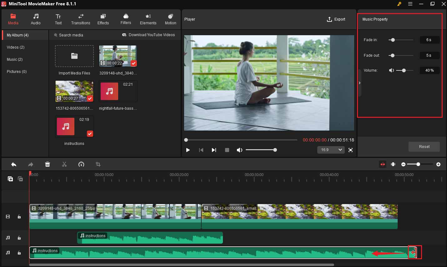 MiniTool MovieMakerで音楽の音量などを調整