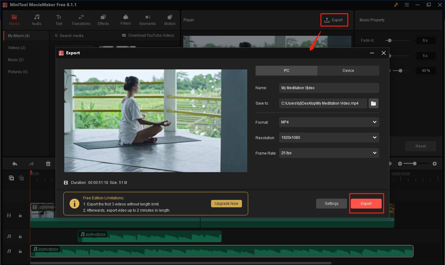 MiniTool MovieMakerでExport」をクリックして瞑想動画を保存