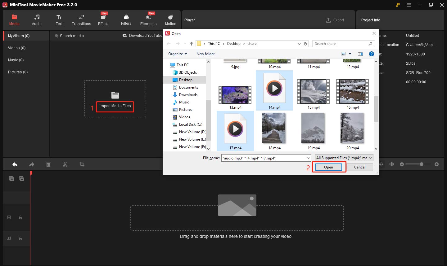 Import video and audio files to the media library in MiniTool MovieMaker