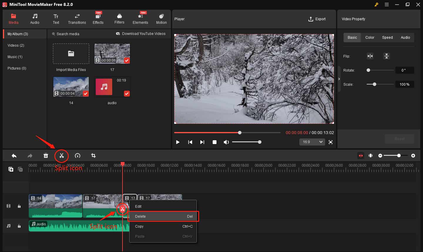 Delete the unwanted middle part in MiniTool MovieMaker
