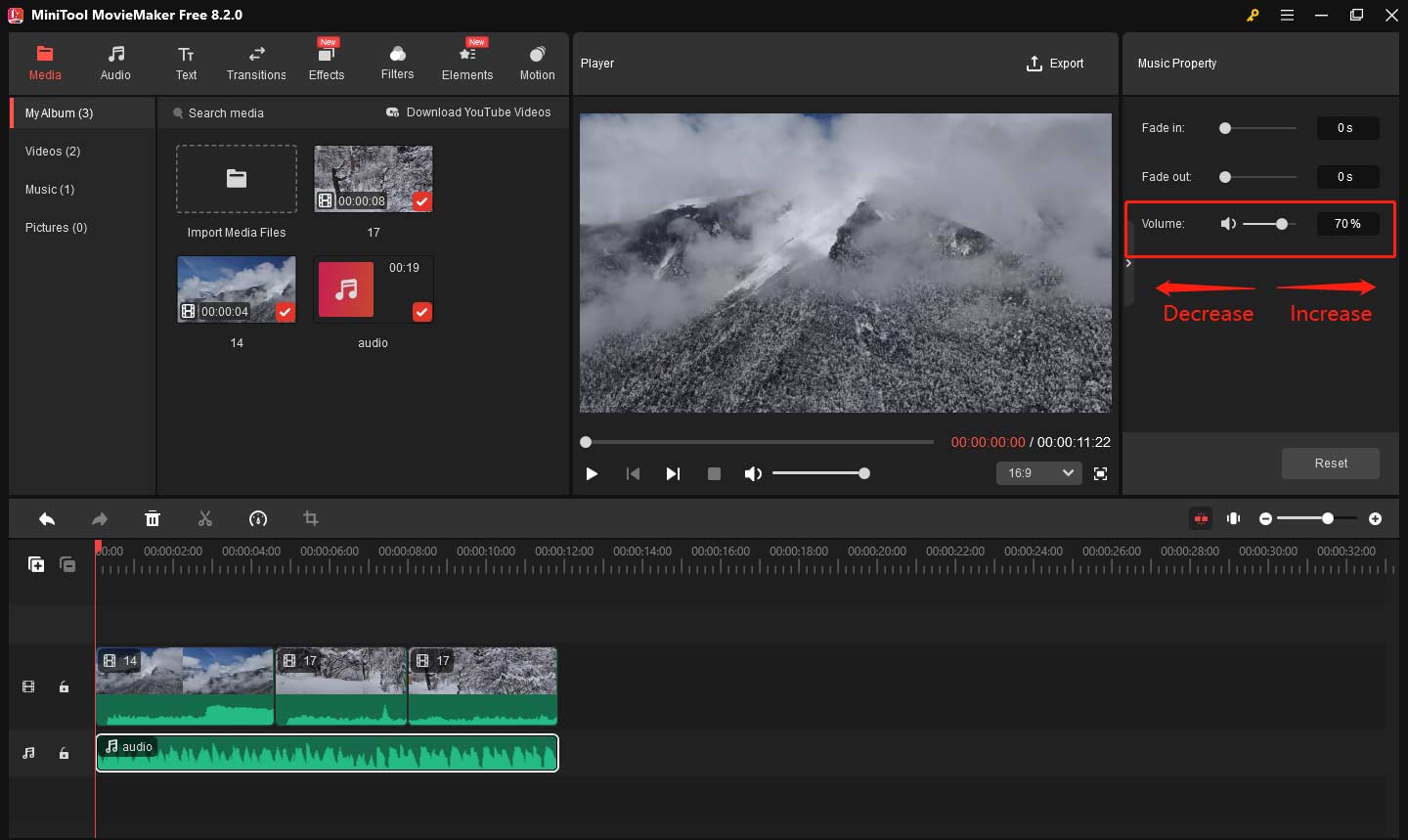 Adjust the audio’s volume in MiniTool MovieMaker