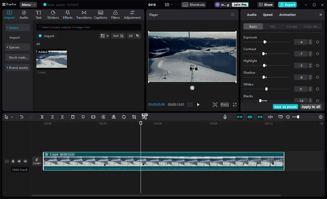 Make a video look darker in CapCut