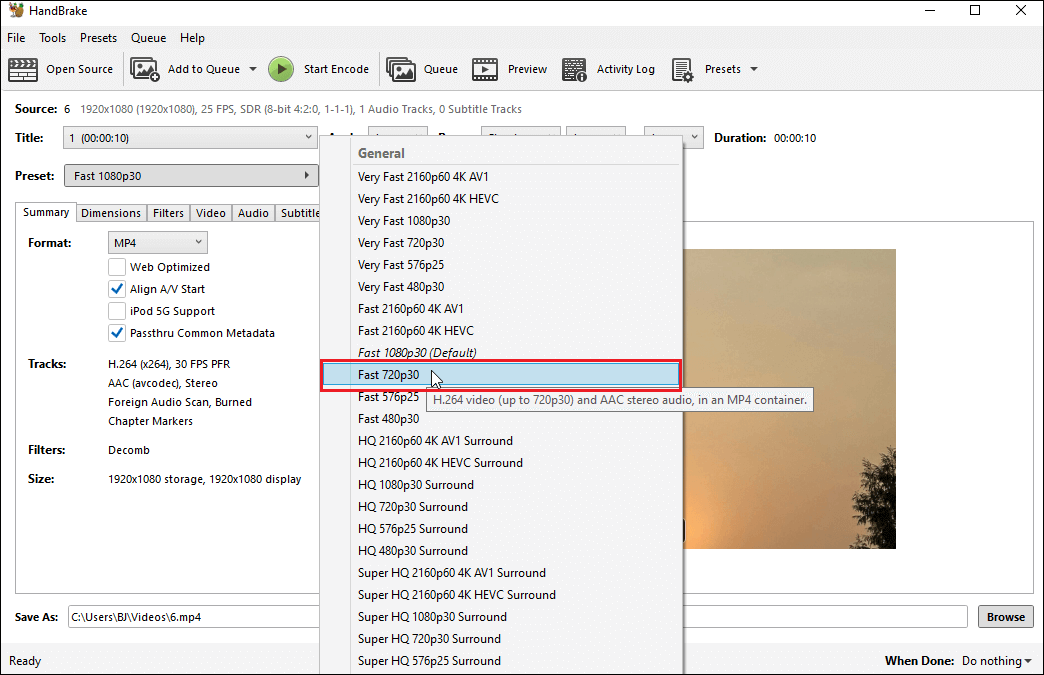 Choose a preset in HandBrake