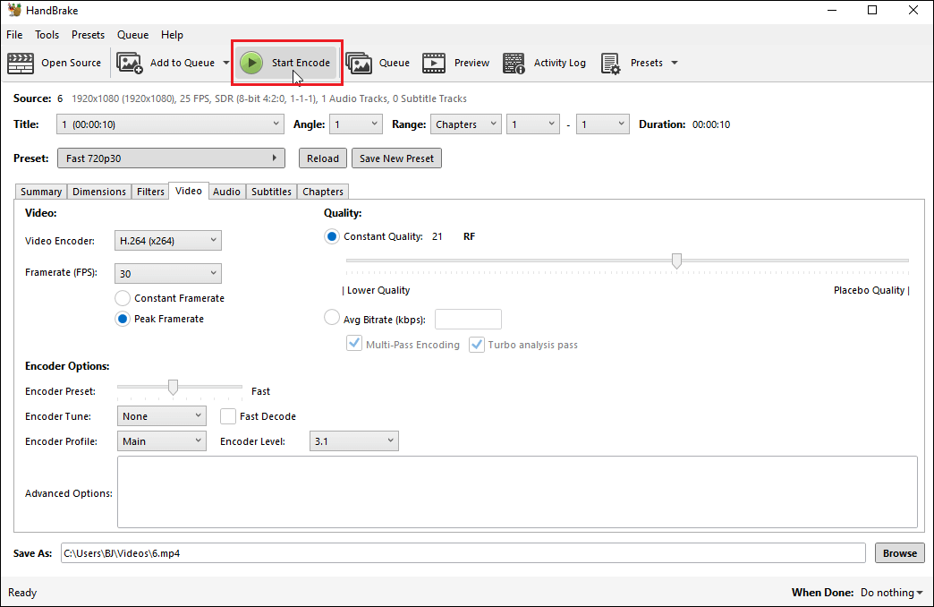 Click the Start Encode button in HandBrake