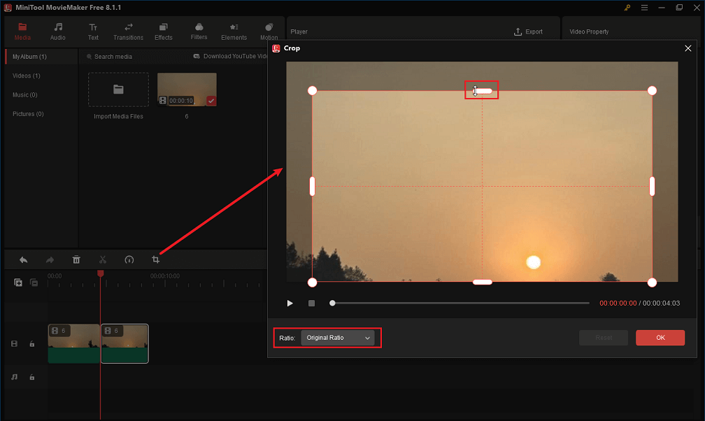 Crop the video for size reduction in MiniTool MovieMaker