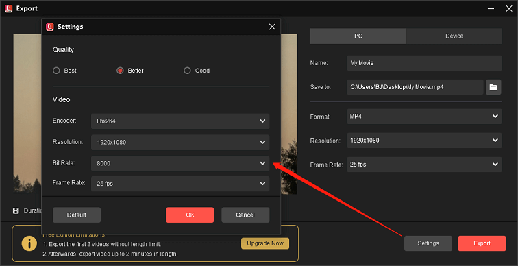 Adjust video output settings for size reduction in MiniTool MovieMaker