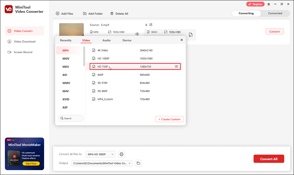 Click on a profile with a lower resolution in MiniTool Video Converter