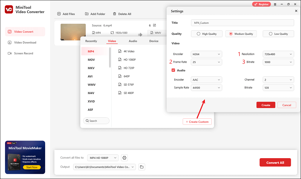Lower the video resolution, frame rate, or bit rate by yourself in MiniTool Video Converter