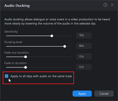 Check the Apply to all clips with audio on the same track option in PowerDirector