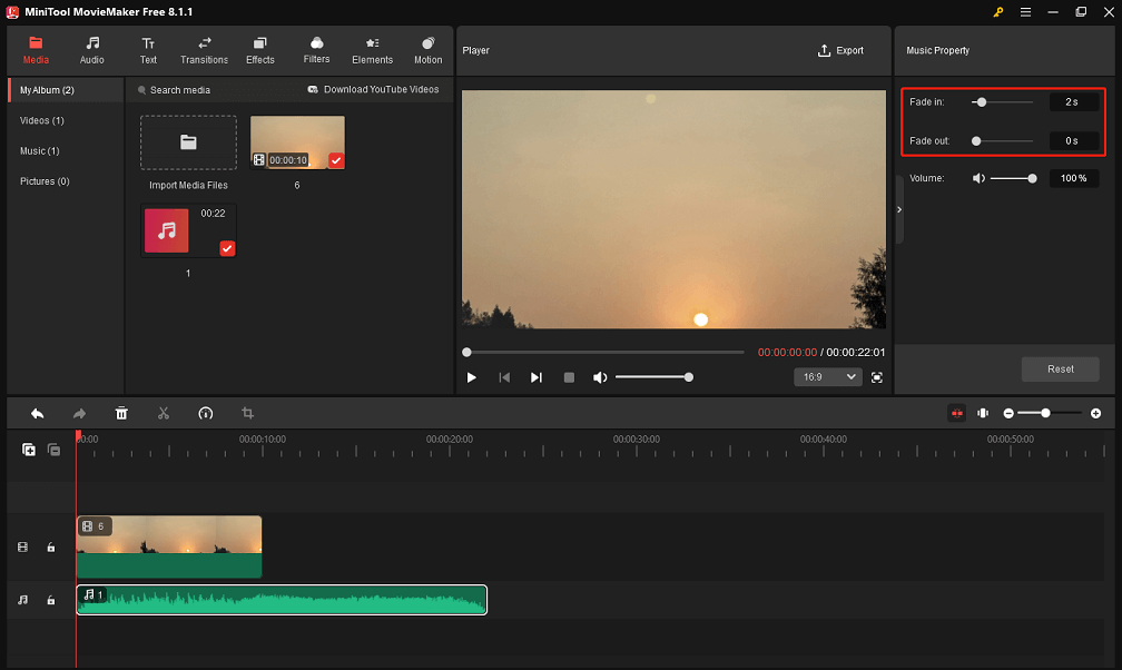 Fade in and fade out music in MiniTool MovieMaker