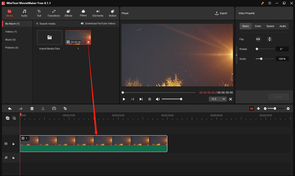 Haga clic en el ícono + en el video para agregarlo a la línea de tiempo en MiniTool MovieMaker