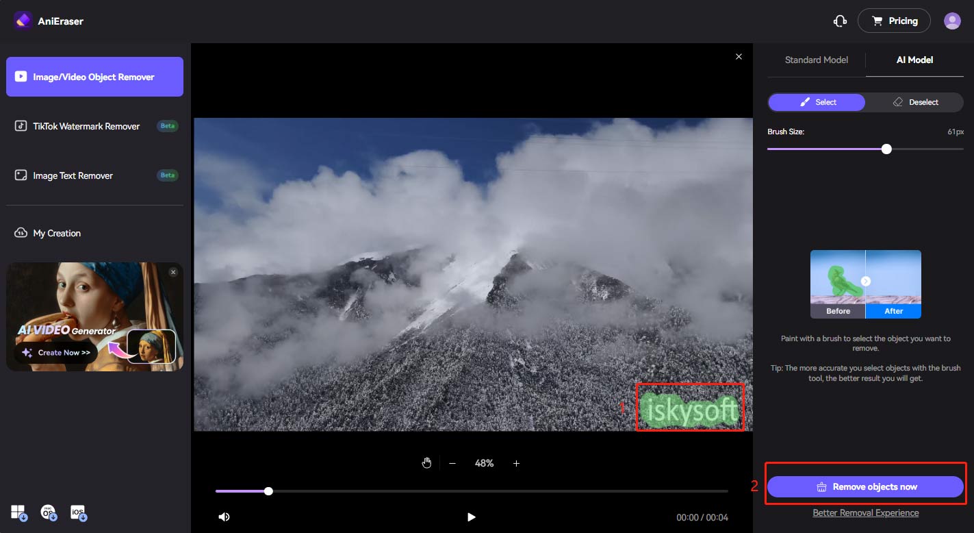 Use the brush tool to select the logo area and remove it in Media.io