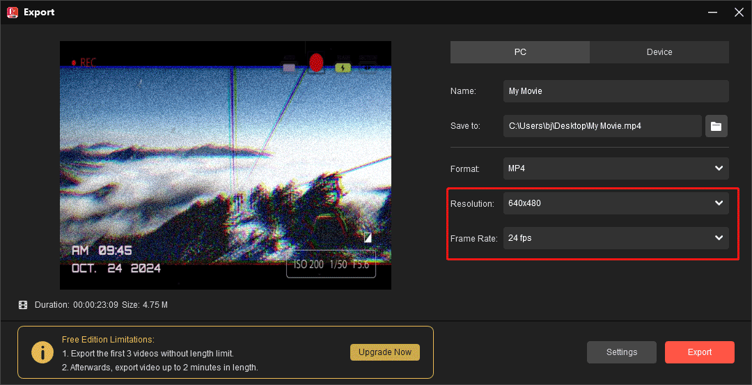 MiniTool MovieMakerで動画の解像度やフレームレートを設定する