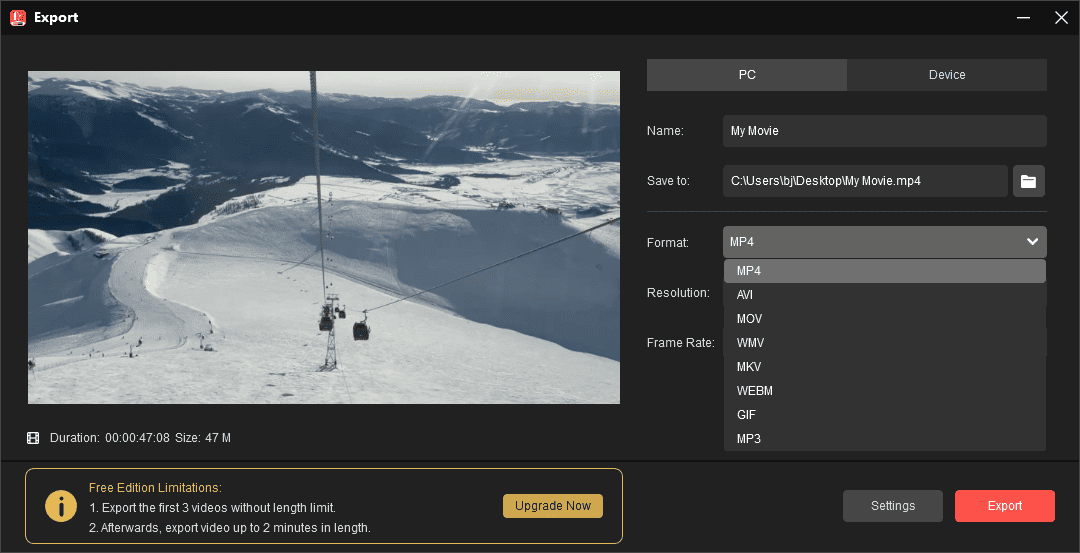 Convert VOB to another video format in MiniTool MovieMaker