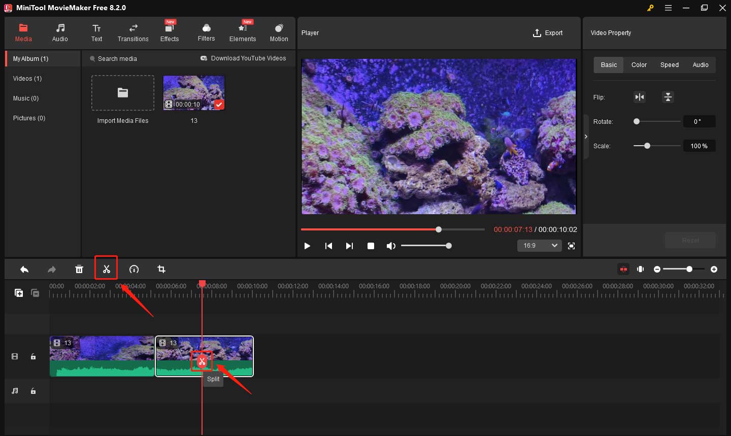 Click the scissors icon to cut the video in MiniTool MovieMaker