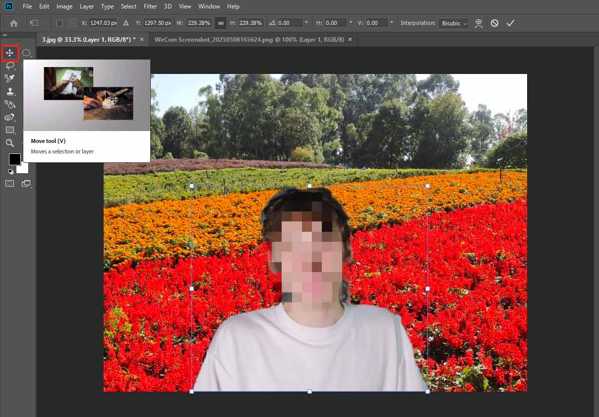 Resize the people and use the move tool to adjust the people’s position in Photoshop