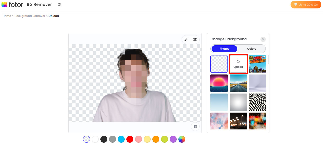 Click Upload to import your own image as background in Fotor