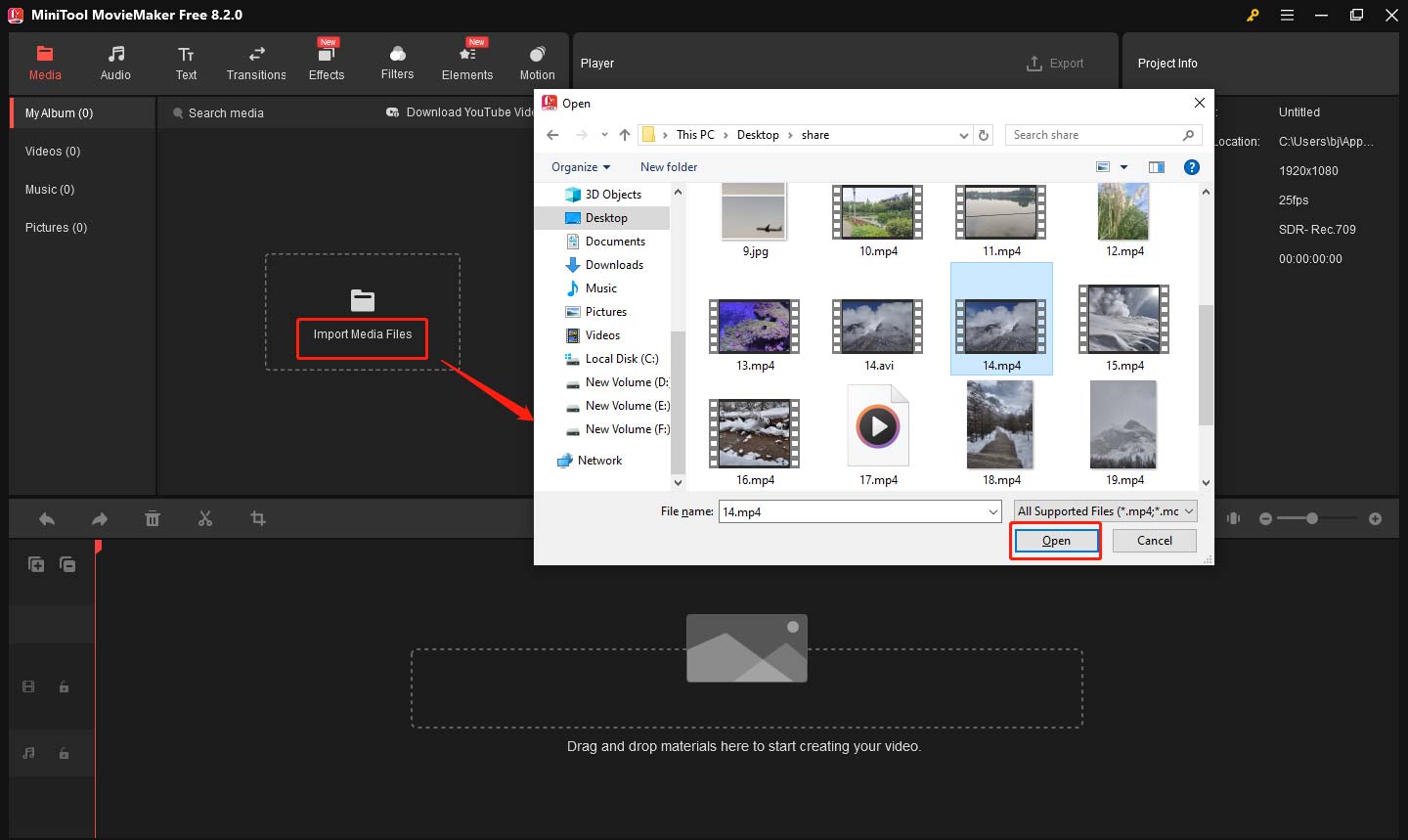 Import video to the media library in MiniTool MovieMaker