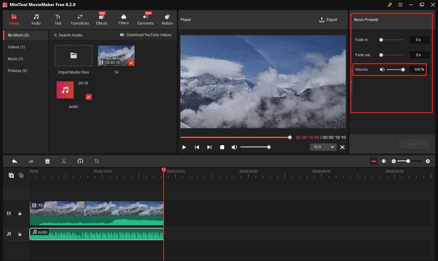 Adjust the audio volume in MiniTool MovieMaker