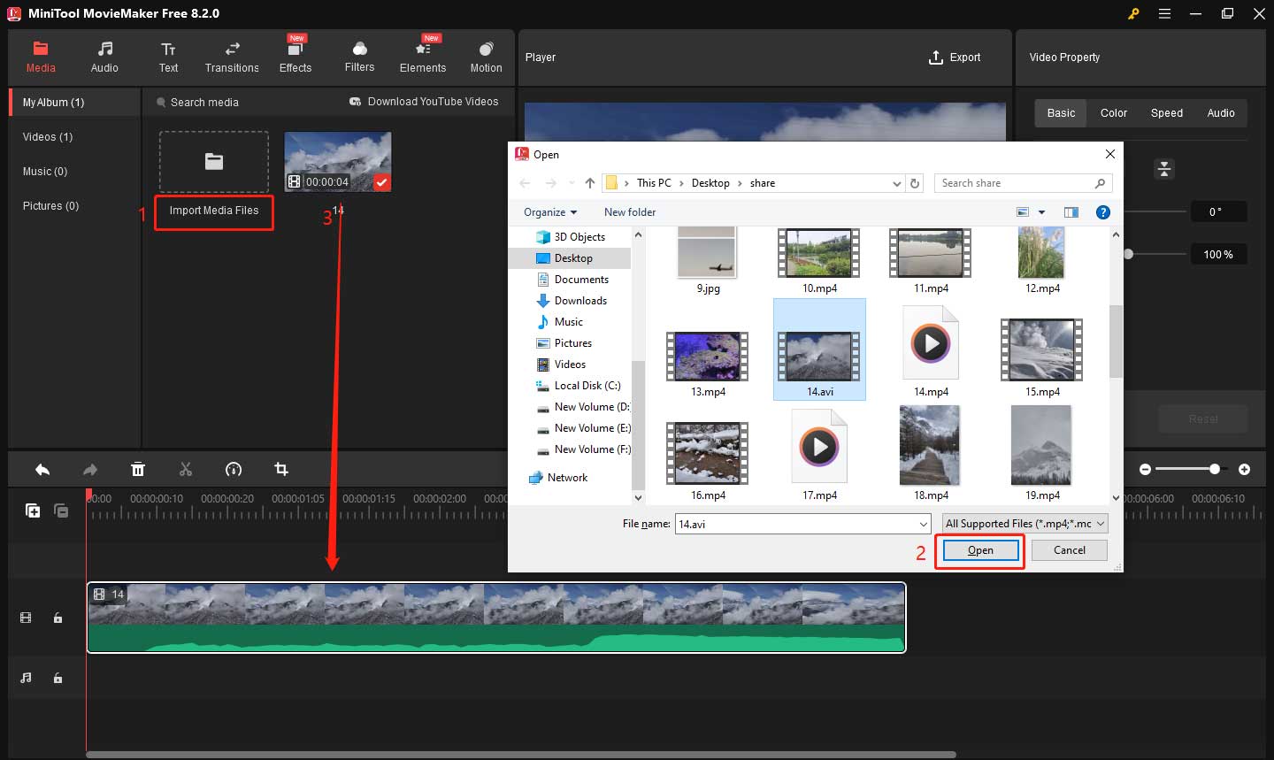 Import the AVI file to the media library and add it to the timeline in MiniTool MovieMaker