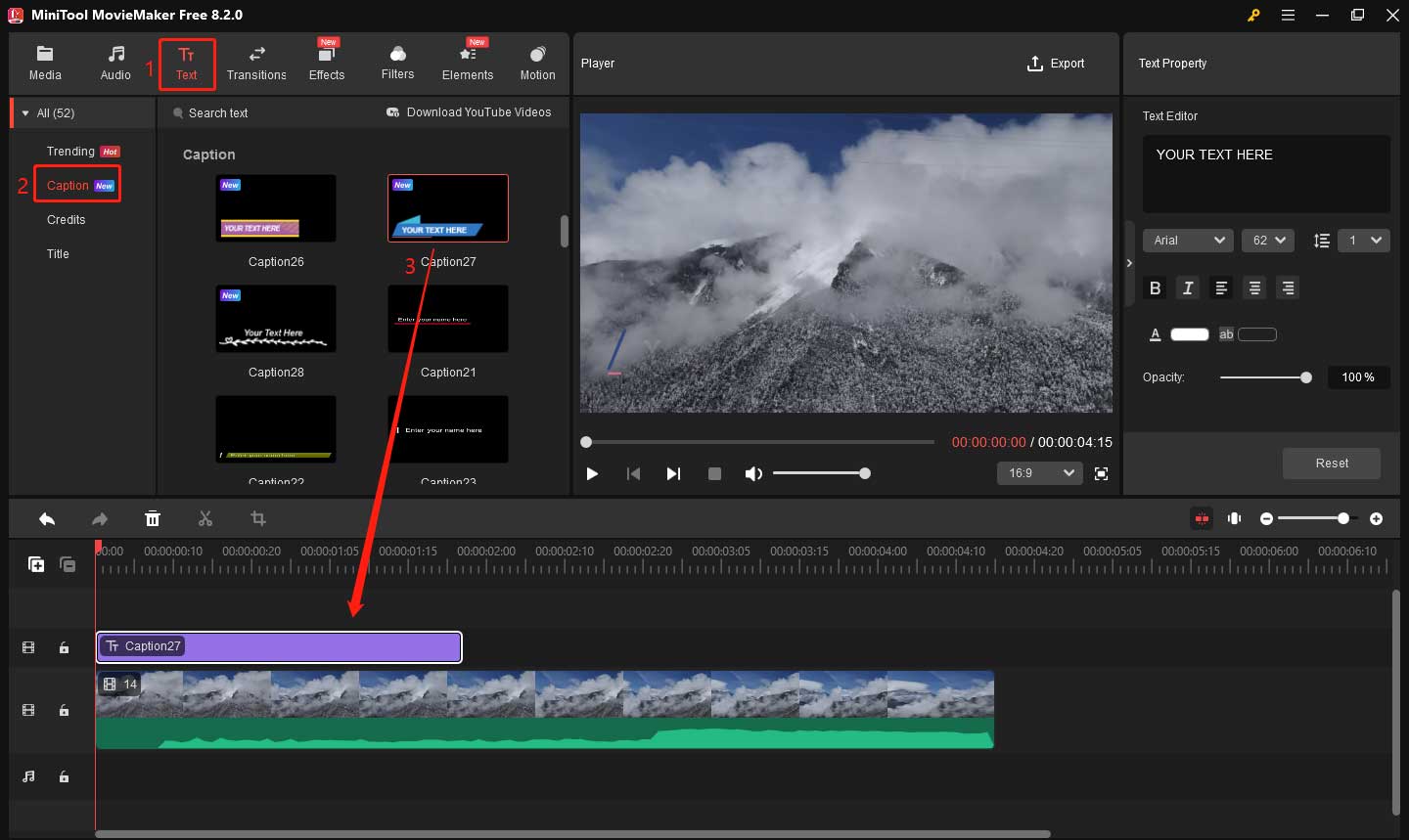 Add the caption template to the video in MiniTool MovieMaker